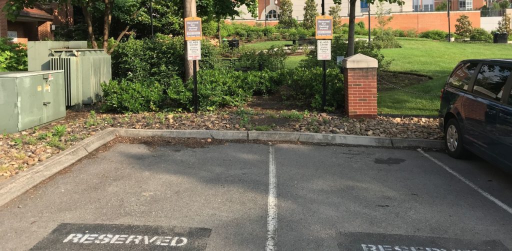 image of two reserved parking spots behind KLASS Center